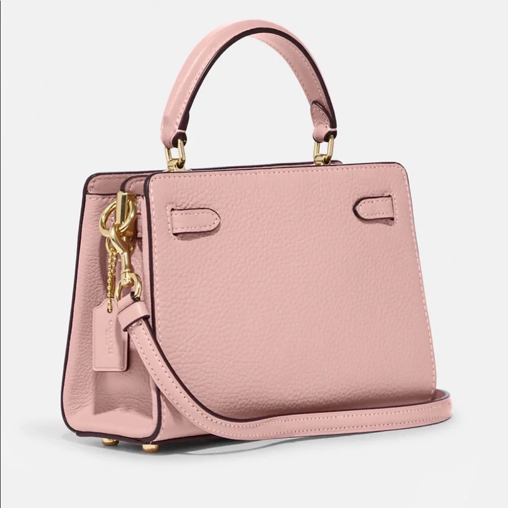 SALE🔥COACH MINI LANE TOP HANDLE WITH‎ WHIPSTITCH GOLD/PINK LEATHER SHOULDER BAG
